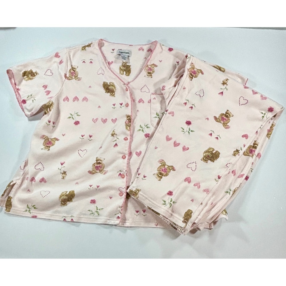 Capistrano Pajama Set Teddy Bear Heart Rose Print Pink Women 1X Plus Sleepwear